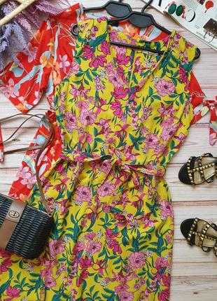 Красивое натуральное цветочное летнее платье миди с поясом6 фото