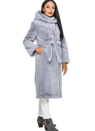 Шуба женская зимняя из искусственного меха с капюшоном и поясом - 041 серый цвет5 фото