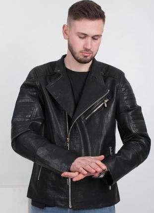 Стильная черная мужская осенняя весенняя демисезон куртка ветровка кожанка косуха большой размер батал2 фото