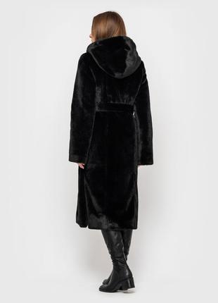 Шуба женская зимняя из искусственного меха с капюшоном и поясом - 041 черный цвет10 фото