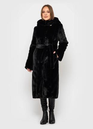 Шуба женская зимняя из искусственного меха с капюшоном и поясом - 041 черный цвет7 фото