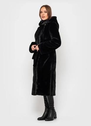 Шуба женская зимняя из искусственного меха с капюшоном и поясом - 041 черный цвет8 фото