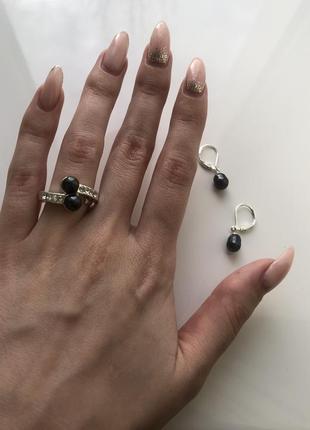 Комплект серьги и кольцо из черного речного жемчуга