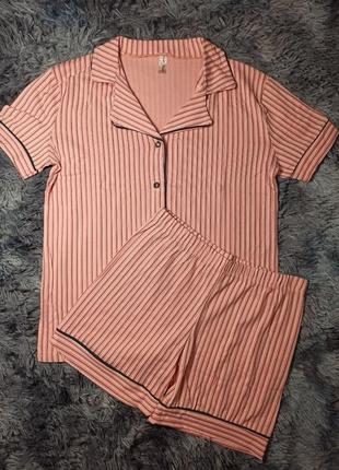 Бавовняна трикотажна піжама шорти і сорочка seyko, роздільна піжама з сорочкою і шортами в смужку7 фото