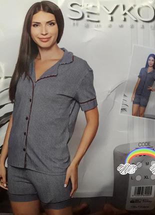 Бавовняна трикотажна піжама шорти і сорочка seyko, роздільна піжама з сорочкою і шортами в смужку2 фото