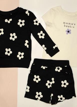 Новый костюм george набор комплект 3в 1 свитшот шорты футболка чёрная белая в цветочек 2-3 92-98