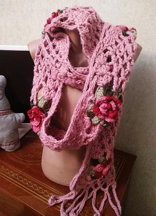 Новый длинный шарф хомут ручной работы розы