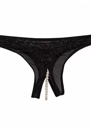 Чёрные сексуальные прозрачные трусики стринги с разрезом и с бусами xs s m