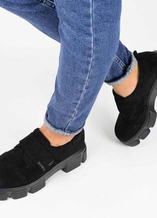 Стильні чорні замшеві туфлі, балетки лофери на платформі товстій підошві великий розмір батал