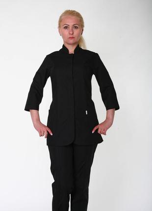 Черный женский медицинский и поварской костюм: пиджак и штаны на резинке  42-52