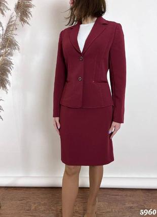 Класичний жіночий костюм піджак, спідниця + штани, женский бордовый деловой костюм7 фото
