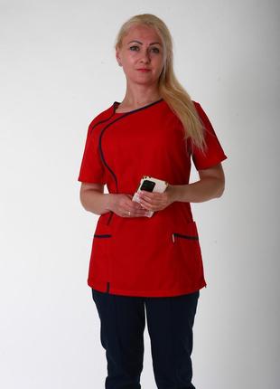 Двухцветный женский хирургический костюм с карманами красный + синий 42-60