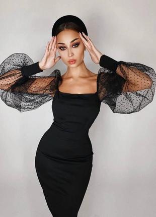 Шикарне стрейчевое приталені плаття з об'ємним рукавом із сітки в горошок чорне2 фото