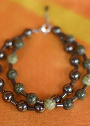 Подвійний браслет унісекс з серпентином та гематитом 'змієлов'