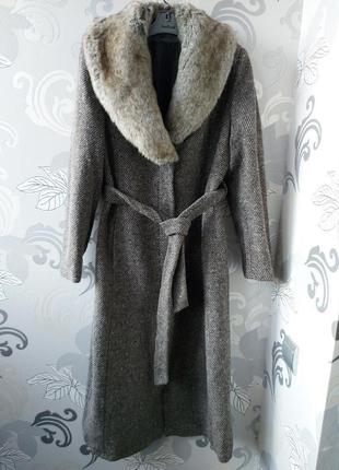 Трендовое брендовое винтажное коричневое длинное шерстяное пальто с меховым воротником