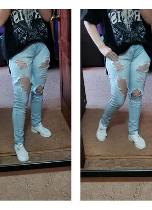Bershka женские джинсы выбеленный деним с рванкой голубые джинсы с большими дырками7 фото
