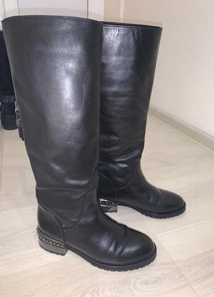 Кожаные сапоги женские сапоги чёрные сапоги демисезонные сапоги брендовые сапоги3 фото