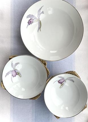 Набор 1+4 япония тарелок фарфор винтаж ретро цвет белый сиреневый рисунок цветок орхидея1 фото