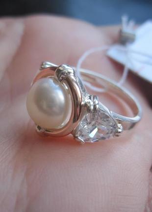 Кольцо серебро 925 с жемчугом, серебро с золотом, кольцо натуральный жемчуг1 фото