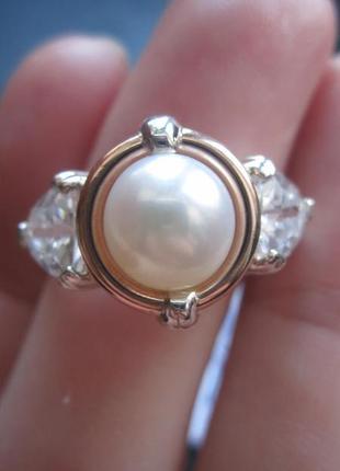 Кольцо серебро 925 с жемчугом, серебро с золотом, кольцо натуральный жемчуг3 фото