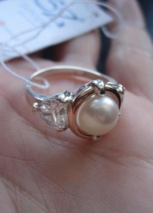 Кольцо серебро 925 с жемчугом, серебро с золотом, кольцо натуральный жемчуг4 фото