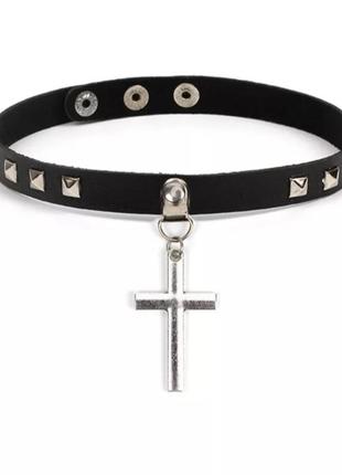 Чокер підвіска екокожа кожзам хрест чорний жіночий панк чоловічий кулон