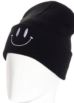 Шапка бини с вышивкой двойная с отворотом гладкой вязки smile l21070 черный