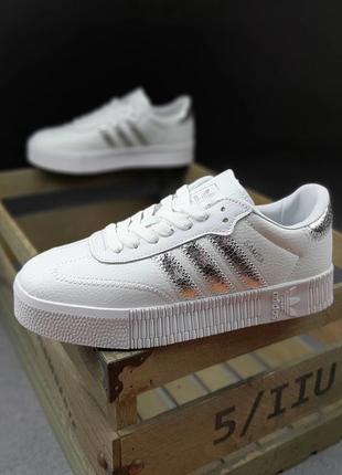 Женские кроссовки adidas samba white, белые с серебром, кожанные, демисезонные