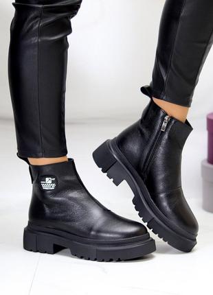 Молодежные черные кожаные женские зимние ботинки натуральная кожа флотар5 фото
