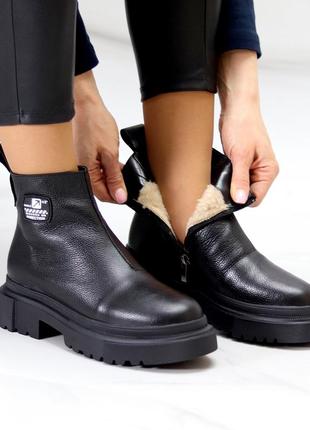 Молодежные черные кожаные женские зимние ботинки натуральная кожа флотар7 фото
