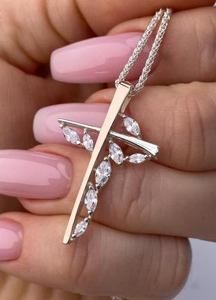 Серебряный крестик с золотой пластиной и камнями, 925 и 375 проба