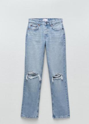 Zara джинси прямі з розрізами дірками блакитні середня посадка 36 38 розмір нові6 фото