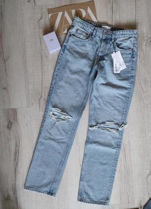 Zara джинси прямі з розрізами дірками блакитні середня посадка 36 38 розмір нові8 фото