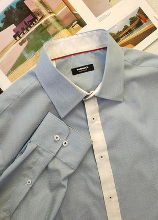 Стильная рубашка сорочка светло-голубая в белую точку с белой планкой люкс бренд walbusch