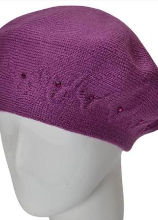 Берет зимний женский двойной шерстяной украшен камнями lirus бликс бордовый