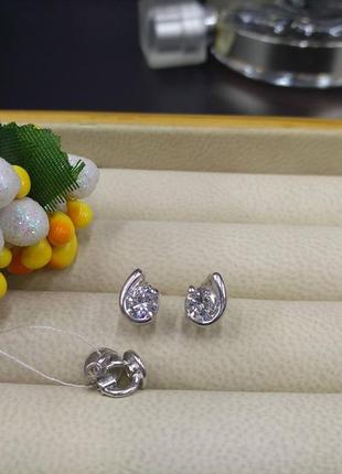 Набір срібні сережки гвоздики цвяшки пусети кулон підвіска з фіанітом 9253 фото