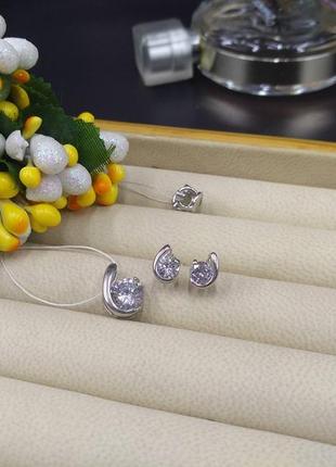 Набір срібні сережки гвоздики цвяшки пусети кулон підвіска з фіанітом 9252 фото