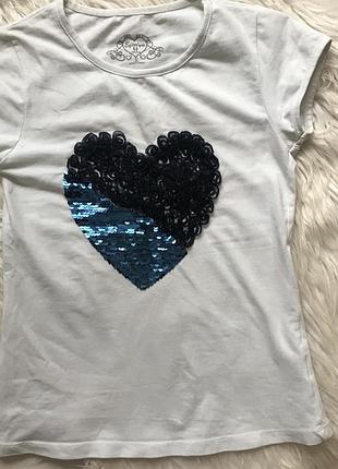 Красива біла футболка 3 д серце паєтки перевертиши 8 9 років 122 128 134