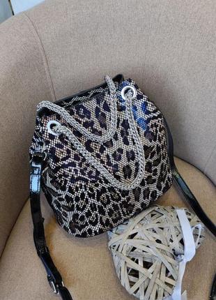 Кожаная сумка леопард, леопардовая сумка, сумка с косметичкой,  лазерная сумка