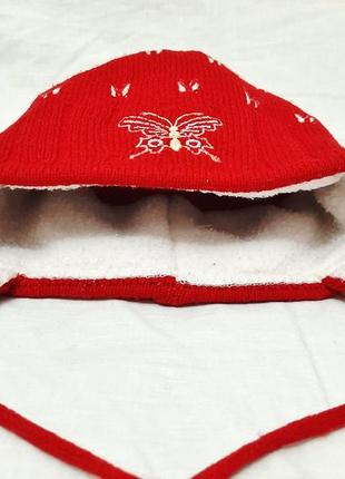 Шапочка на дівчинку 1г-6років червона з зав'язками підкладка білий фліс з помпоном зима весна дитяча6 фото