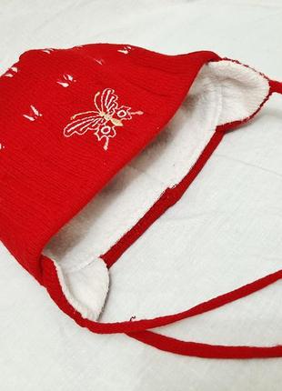 Шапочка на дівчинку 1г-6років червона з зав'язками підкладка білий фліс з помпоном зима весна дитяча2 фото