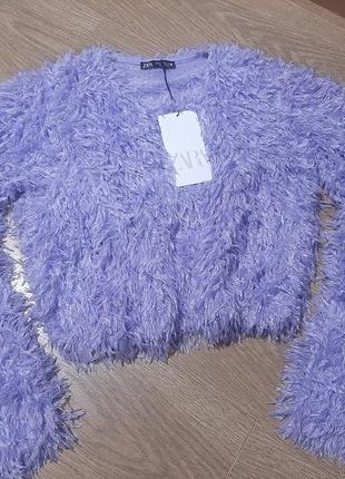 Zara свитер кофта эффект перьев сиреневый лиловый