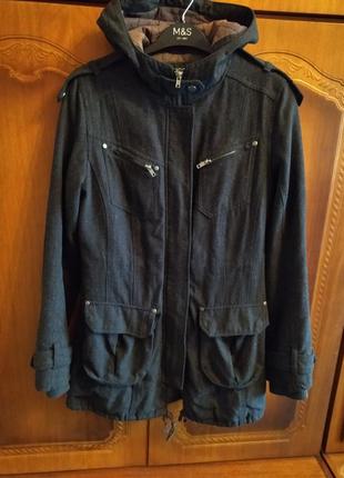 Серое пальто, тренч,  на молнии с капюшоном