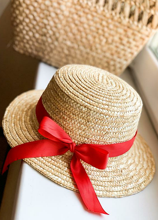 Капелюх солом'яний канотьє жіноча з червоним бантом