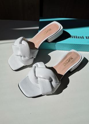 Шкіряні білі сабо коси натуральна шкіра шльопанці на низькому каблуці шльопанці