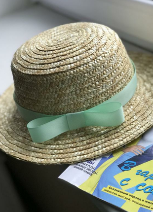 Солом'яний капелюх жіночий канотьє з бантом кольору м'яти