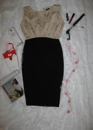 Платье силуэтное приталеное ax paris км1053 черное с бежевым кружевом, маленький размер1 фото