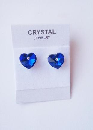 Серьги гвоздики сердечка синий кристалл2 фото