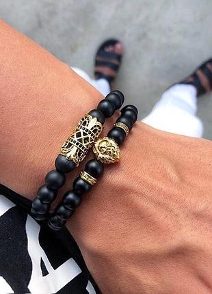 Мужские браслеты из натуральных камней, каменные браслеты (комплект) черные со львом
