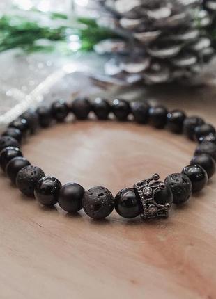 Мужской женский браслет из натуральных камней, каменный браслет black crown черный9 фото